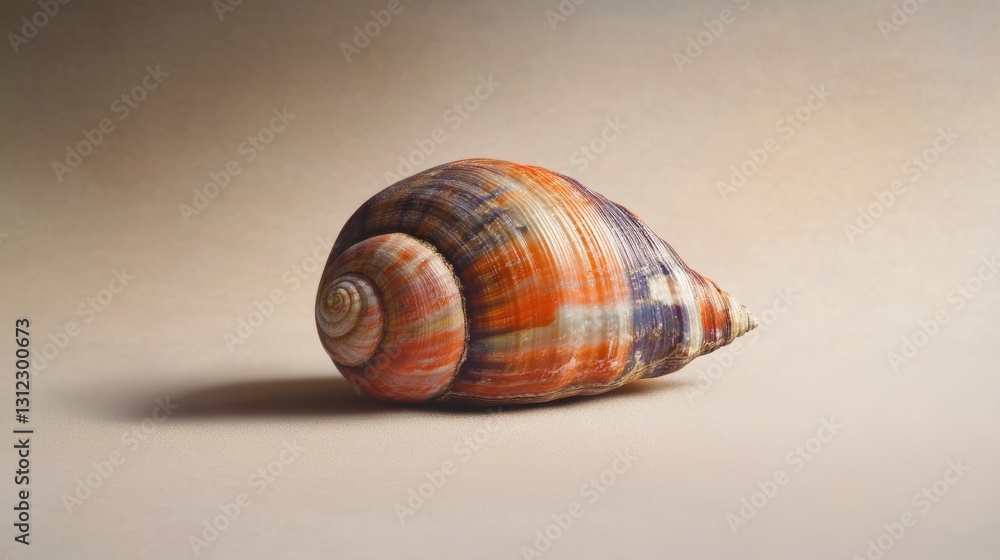 Poster detailed image of a colorful seashell highlighting its intricate patterns and textures against a sof