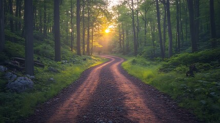 Obraz premium Sunlit path winding through a lush green forest at sunrise.