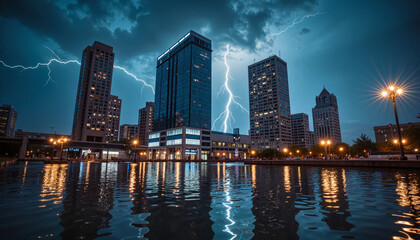 Dramatic lightning over glass skyscrapers reflecting in floodwaters, urban storm