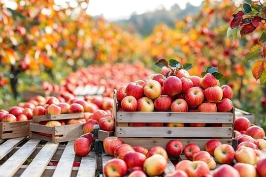 A traditional apple cider press set up in the middle of an orchard, surrounded by crates of apples