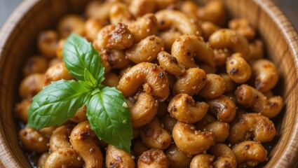 Closeup of Roasted Cashew Nuts Garnished with Fresh Basil Leaves in Wooden Bowl