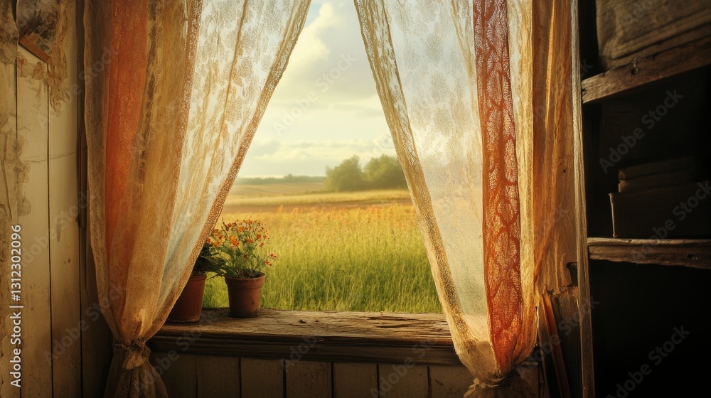 Poster a window with a view of a field and a potted plant. the curtains are open, letting in the sunlight