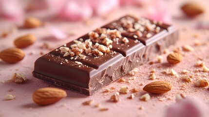 Indulge in a Tempting Chocolate Bar Infused with Crunchy Nuts Against a Soft Pastel Background