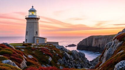A solitary lighthouse standing tall against a breathtaking sunset, its beacon a promise of guidance amidst the dramatic coastal cliffs and tranquil ocean.