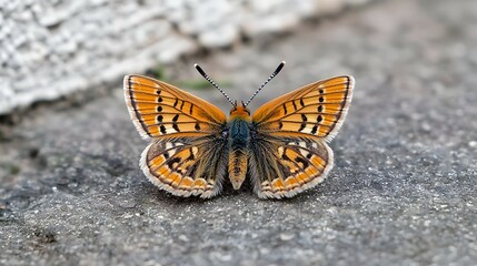 Closeup of an Orange and Brown Butterfly on a Gray Rock