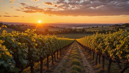 Vineyard Landscape at Sunset with Lush Grapevines and Colorful Sky in Rural Countryside