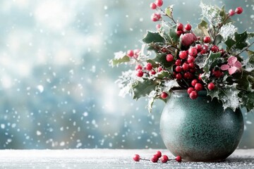 A vibrant arrangement of holly and ivy in a vintage vase, placed on a windowsill with snow falling softly outside