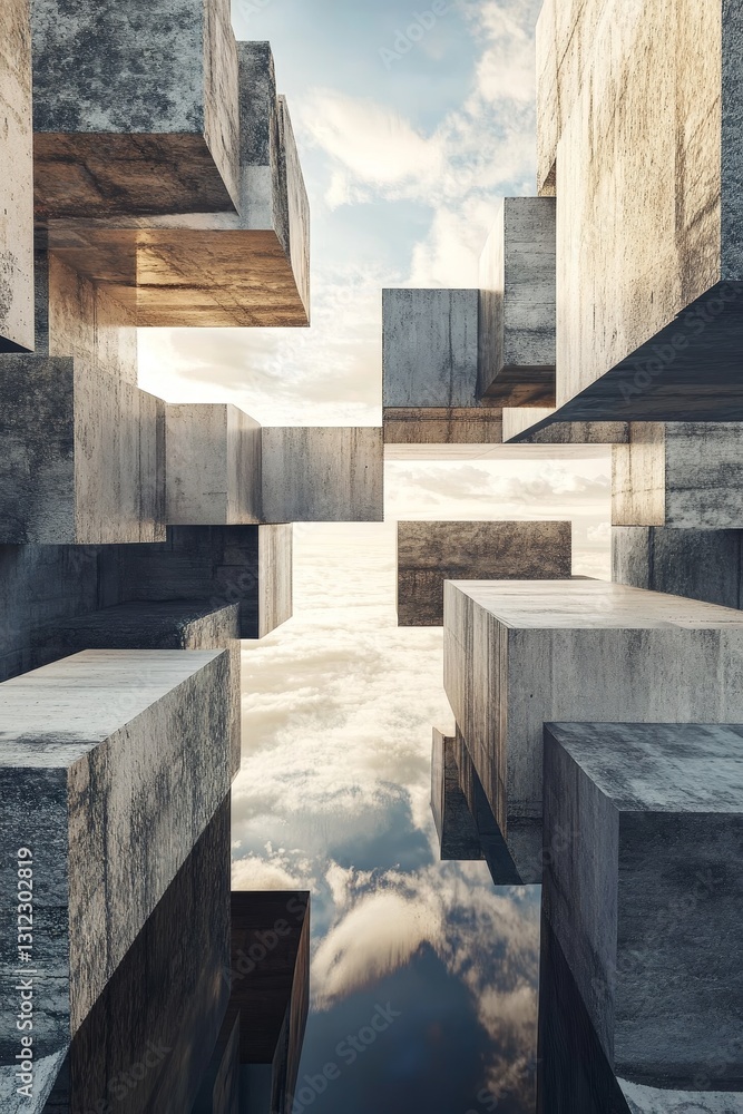 Poster abstract geometric structures surrounded by clouds and sky