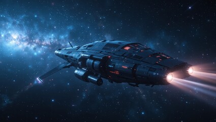 Futuristic Spaceship Traveling Through a Dark Galaxy Filled With Bright Stars and Cosmic Dust