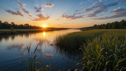 Obraz premium Vibrant Sunset Over Calm River Surrounded by Lush Grass and Reflective Water in Tranquil Nature Scene
