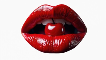Close-up of woman lips with glossy red lipstick holds cherry. Sexy female mouth isolated on white background. Sensuality, glamour concept with open lips, teeth. Desire, romance. Beauty, fashion.