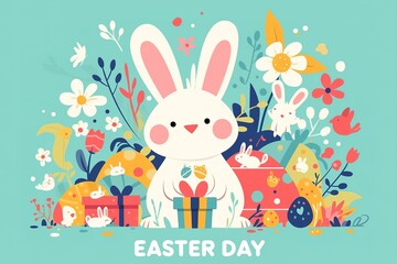 Cute Easter illustration with big white rabbit, small rabbits, colorful decorated eggs, gifts and flowers under “Easter Day” text. Festive Easter celebration scene.