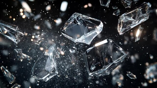 Bright shards of glass splinter and reflect light, creating a captivating display of sparkles and brilliance against a dark backdrop
