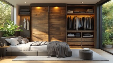 A modern bedroom with a large bed and builtin wardrobe