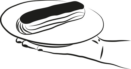 Une illustration d'une main tenant une assiette avec un éclair pâtisserie française