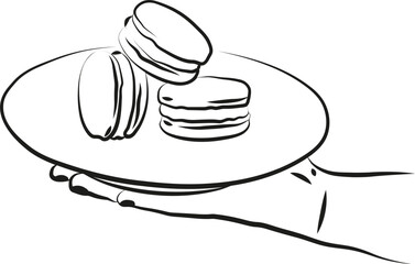 Une illustration d'une main tenant une assiette avec trois macarons pâtisserie française