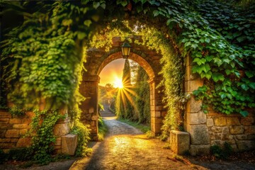 Obraz premium Golden Sunlight, Ivy Archway, Stone Silhouette Photography: Dramatic Backlit Nature Scene