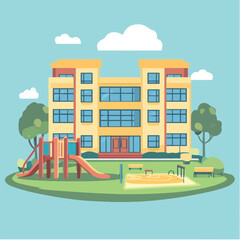Fototapeta premium A flat 2D vector of a school building with a playground in front.