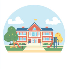 A flat 2D vector of a school building with a playground in front.