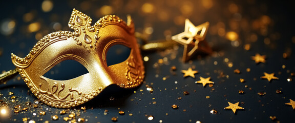 elegant gold masquerade mask with golden stars and glitter