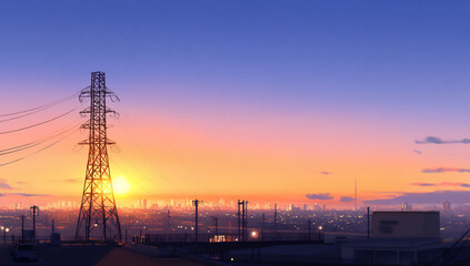 a photo of the silhouette of high-voltage towers against an orange and blu