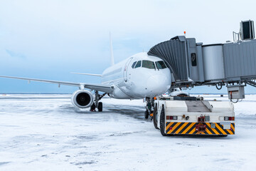 The tow truck approaches the white passenger aircraft at the jetway