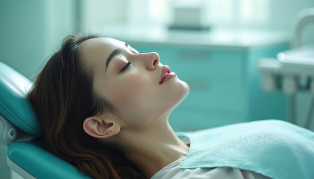 Beautiful woman rests in dentist chair with closed eyes. Female patient relaxing during dental exam in medical clinic. She feels calm, serene, tranquil, enjoys clean environment, pleasant treatment.