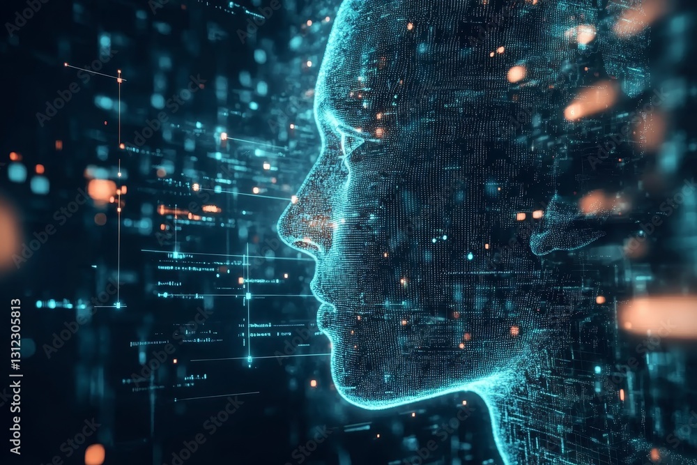 Poster a computer generated face with a blue background