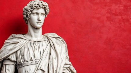 Marble statue of man, red backdrop. Use arts, history, culture, heritage, travel, education material