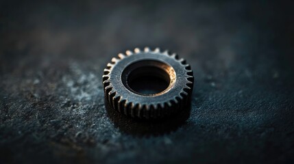 Close-up of a metallic gear on a dark textured surface, highlighting industrial mechanics.