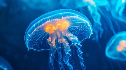 Abstract jellyfish glowing on a deep blue ocean background generative ai