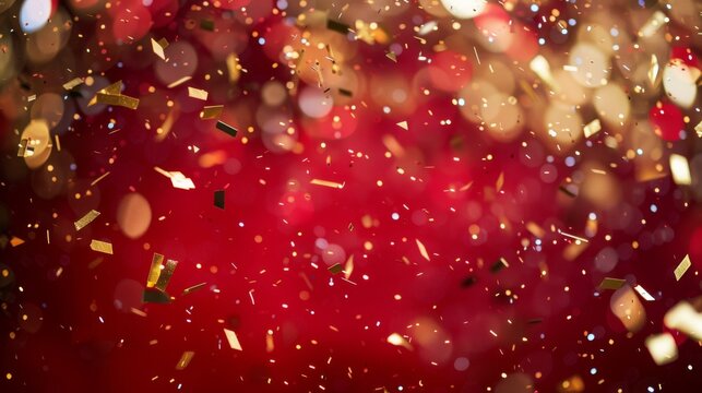 Generate a festive red backdrop filled with floating golden confetti in various forms