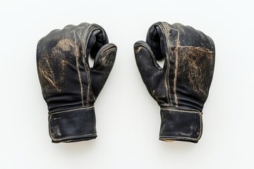 A pair of worn vintage leather boxing gloves displayed on a white background, highlighting their rustic appeal and historical significance.