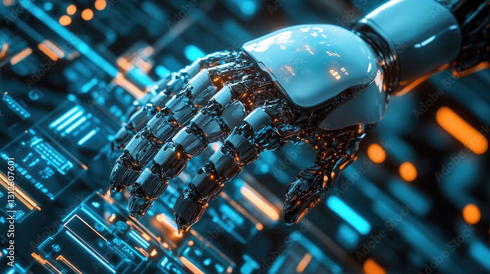 Poster futuristic robot hand interacting with a digital interface in a high-tech environment.