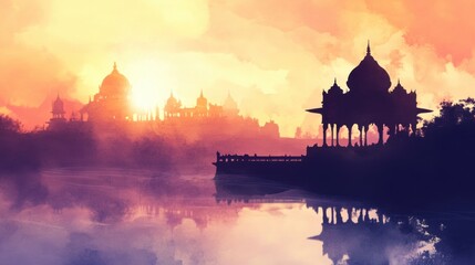Watercolor illustration of Indian temples with lake reflection