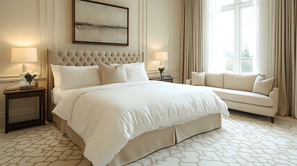 Elegant Modern Bedroom with Beige and White Decor, Elegant modern bedroom with a beige and white color scheme