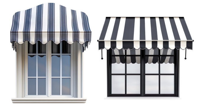 Black and White Striped Awning Over Window on a Transparent Background