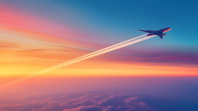 Airplane Soaring Through Sunset Skies Above Clouds