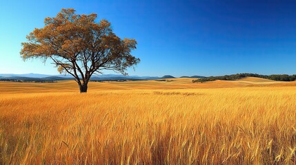 Obraz premium a golden wheat field swaying gently in the breeze under a clear blue sky