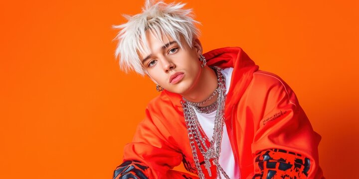 A stylish young man with striking white hair showcases a unique look in edgy streetwear. The bright orange backdrop enhances his bold fashion statement
