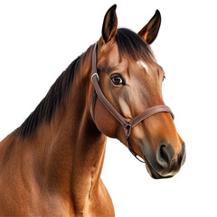 Obraz premium Close-up portrait of a majestic brown horse with a bridle. transparent background