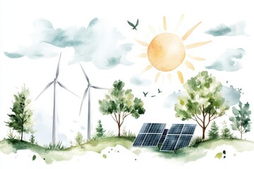 A watercolor painting of a serene landscape featuring a solar farm and wind turbines, with soft blends of green and blue tones creating a peaceful ambiance