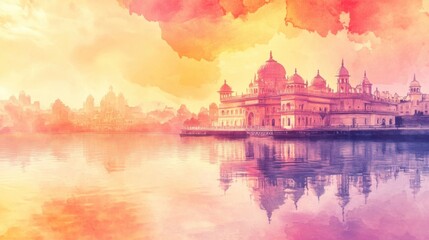 Fototapeta premium Watercolor illustration of Indian temples with lake reflection