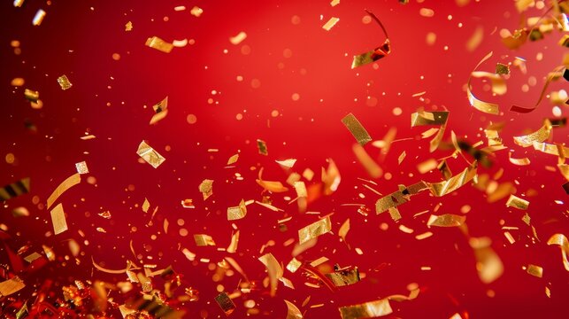 Generate a festive red scene filled with floating golden confetti in different shapes