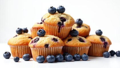 Stack of tasty blueberry muffins. Sweet dessert snack. Fresh homemade pastry treat, delicious breakfast baked. Fruit cupcakes with blueberries on top isolated on transparent background. Perfect