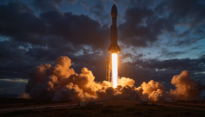 Rocket launching into space at dusk, thrilling ascent to the stars