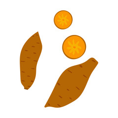 Sliced and whole sweet potatoes on a white background showcasing their vibrant color and texture