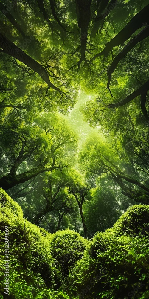 Poster sunlight filters through a dense canopy of vibrant green trees, creating a tranquil and serene fores