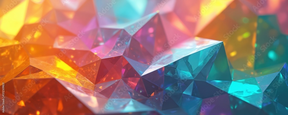 Poster vibrant abstract crystal facets reflects light in pattern. colorful prism, geometric shapes backgrou
