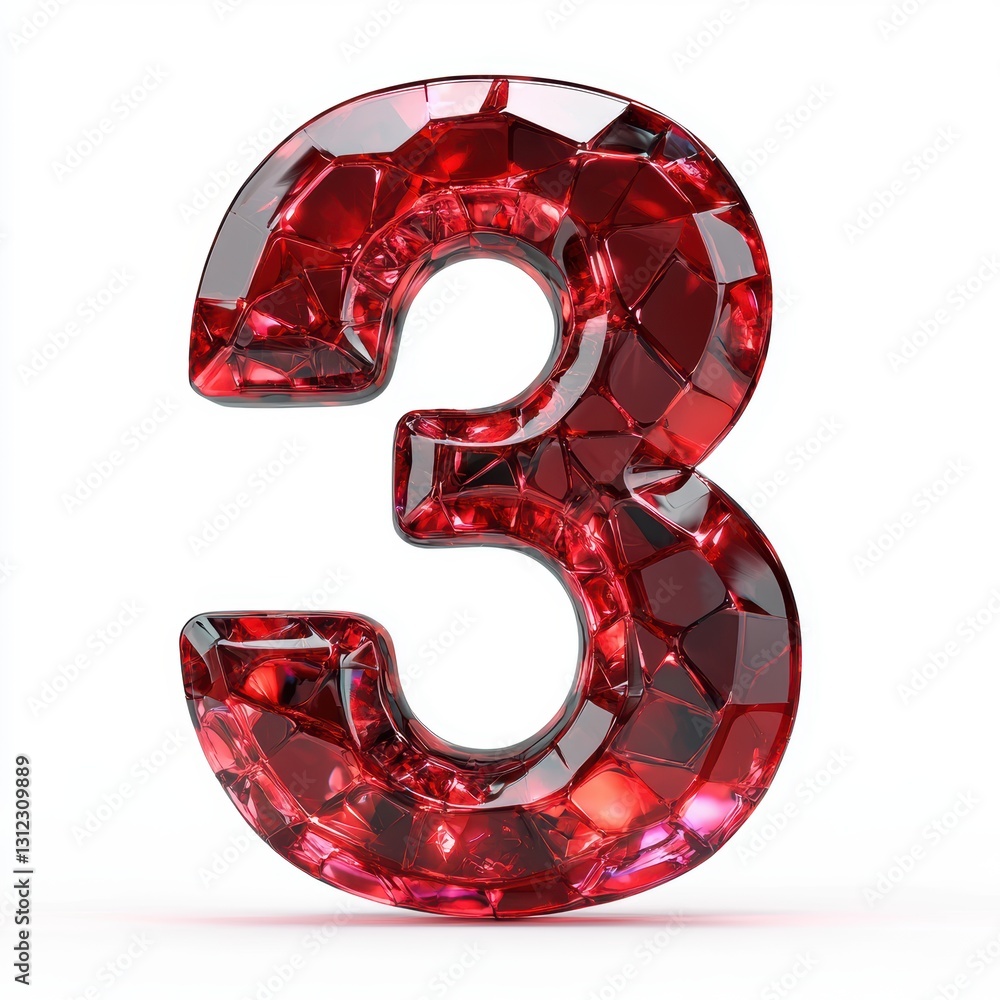 Fototapete of the number 3 made of polished red ruby gemstone with deep translucent hues and faceted reflection